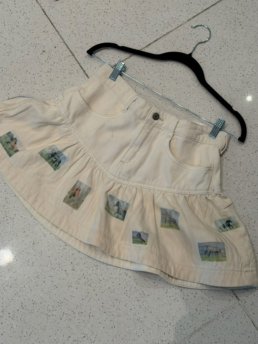 Reworked Cream Ruffled Mini Skirt with Horse Photo Print